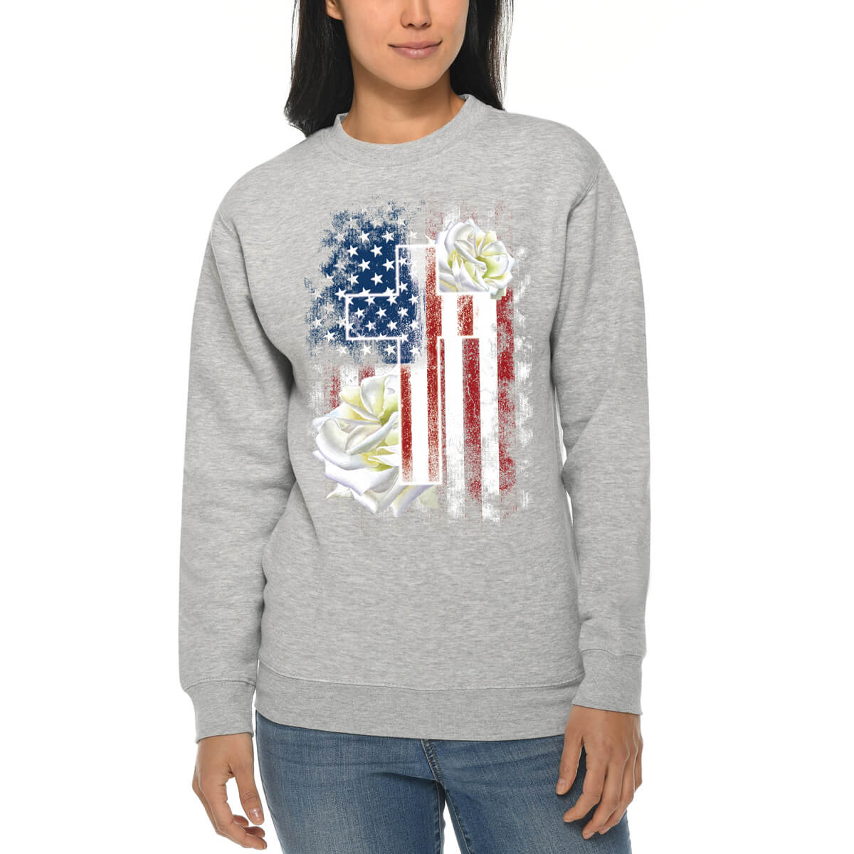 American Flag Cross With Roses Crewneck Sweatshirt