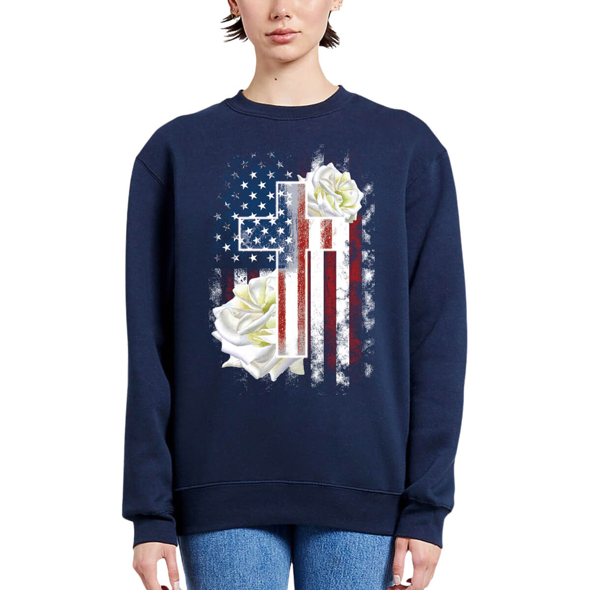 American Flag Cross With Roses Crewneck Sweatshirt