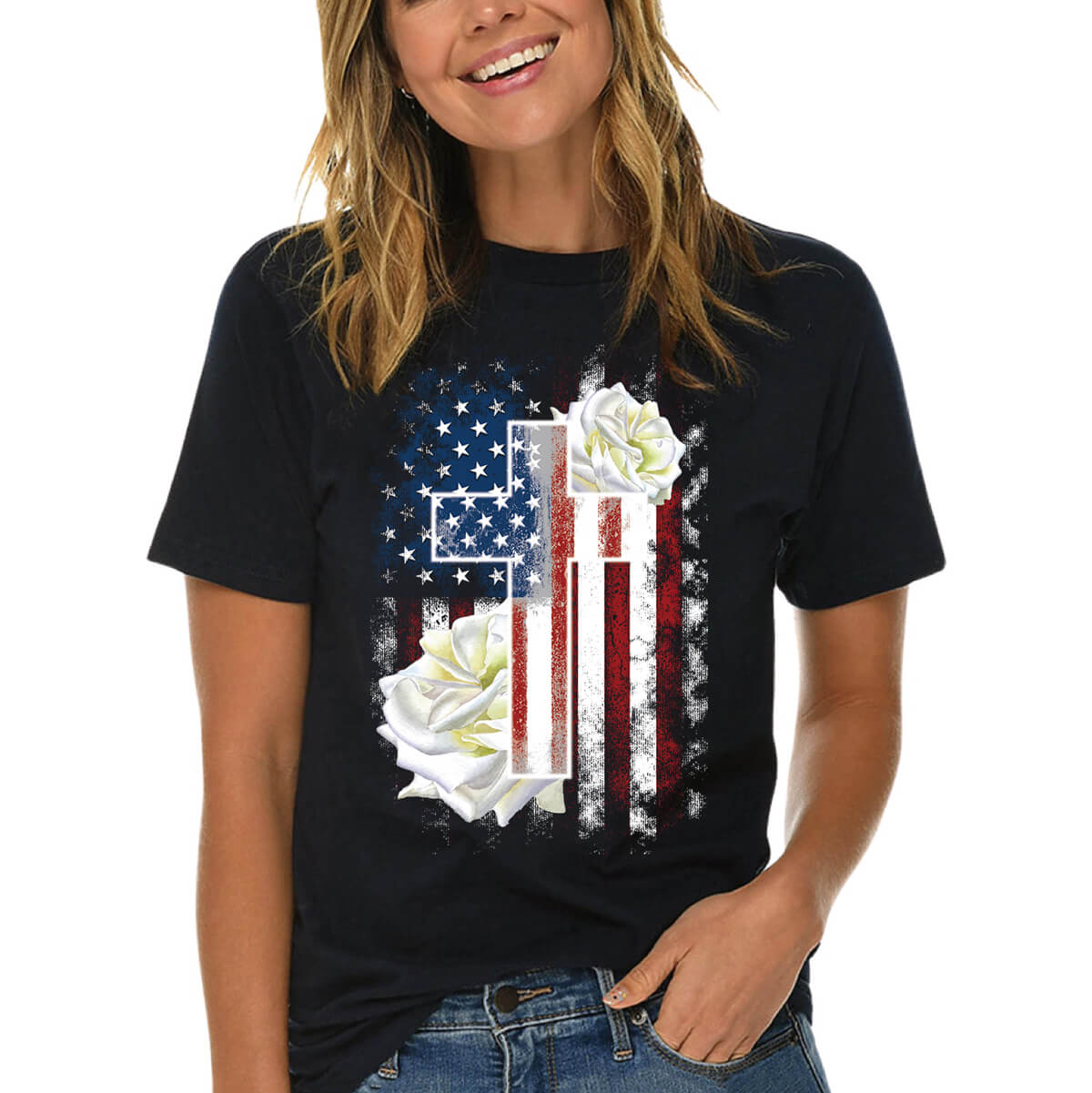 American Flag Cross With Roses T-Shirt
