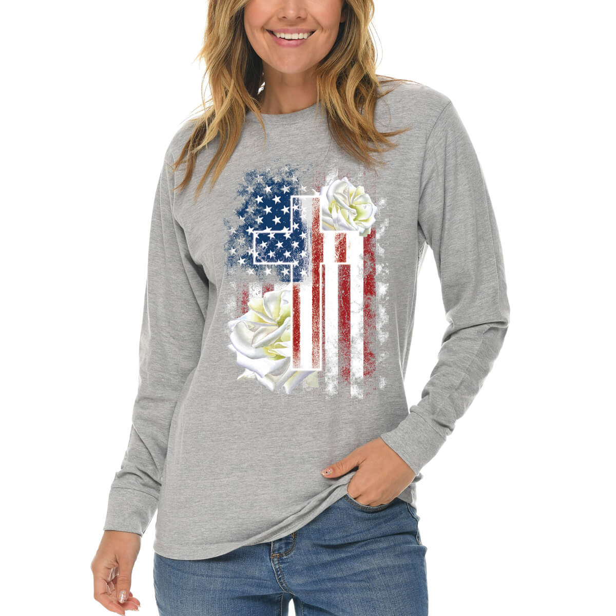 American Flag Cross With Roses Long Sleeve T Shirt