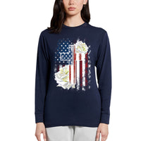 Thumbnail for American Flag Cross With Roses Long Sleeve T Shirt