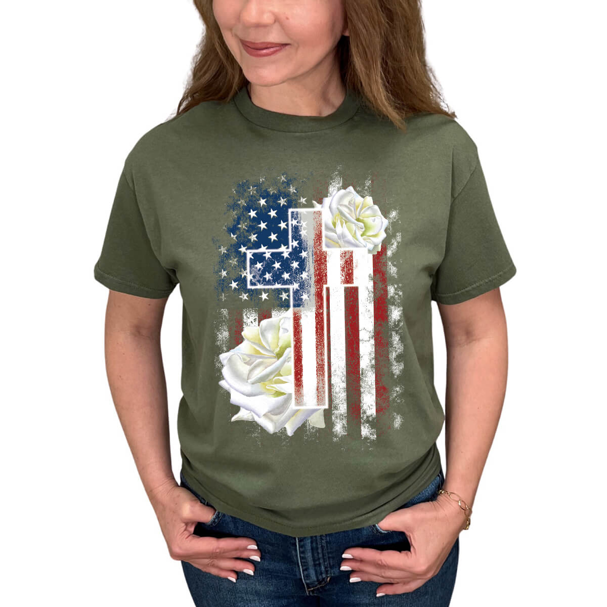American Flag Cross With Roses T-Shirt