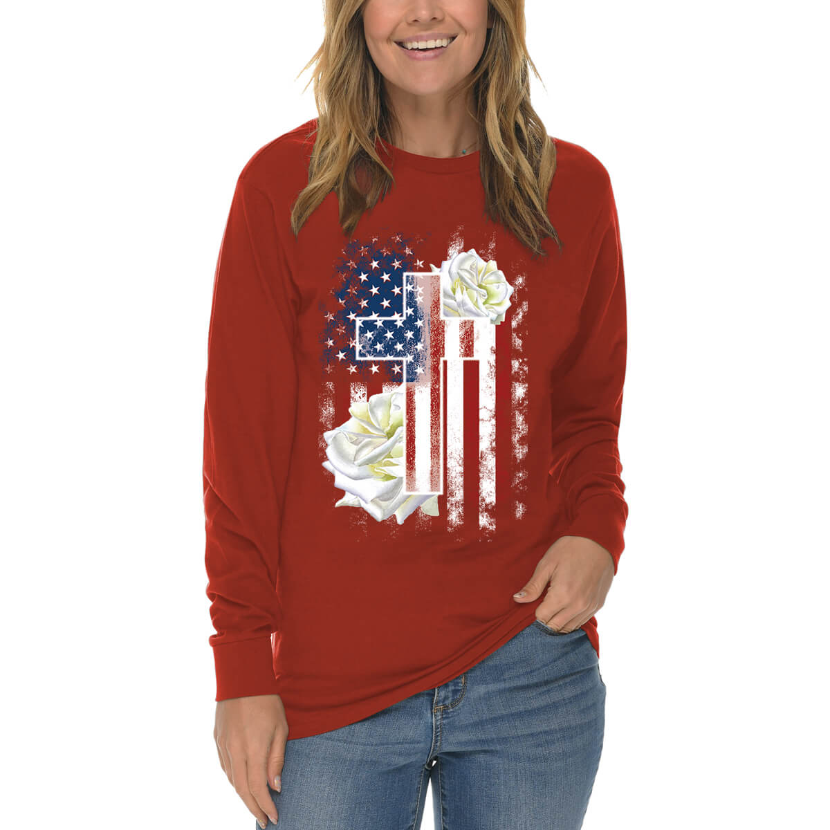 American Flag Cross With Roses Long Sleeve T Shirt