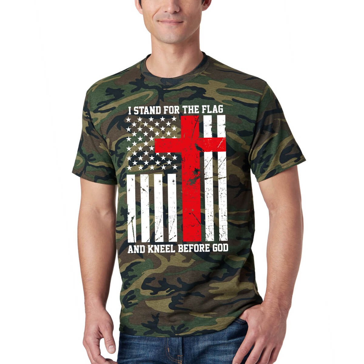 I Stand For The Flag And Kneel Before God Men's Camo T-Shirt
