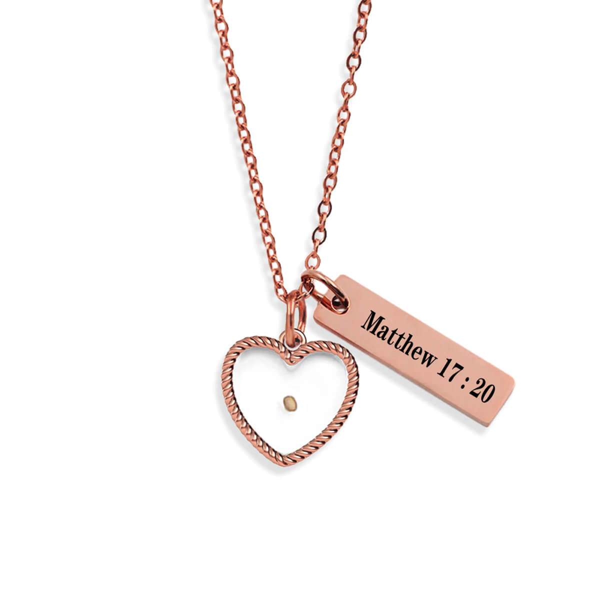 Mustard Seed Faith Heart W/Verse Rose Gold Necklace Stainless Steel Jewelry