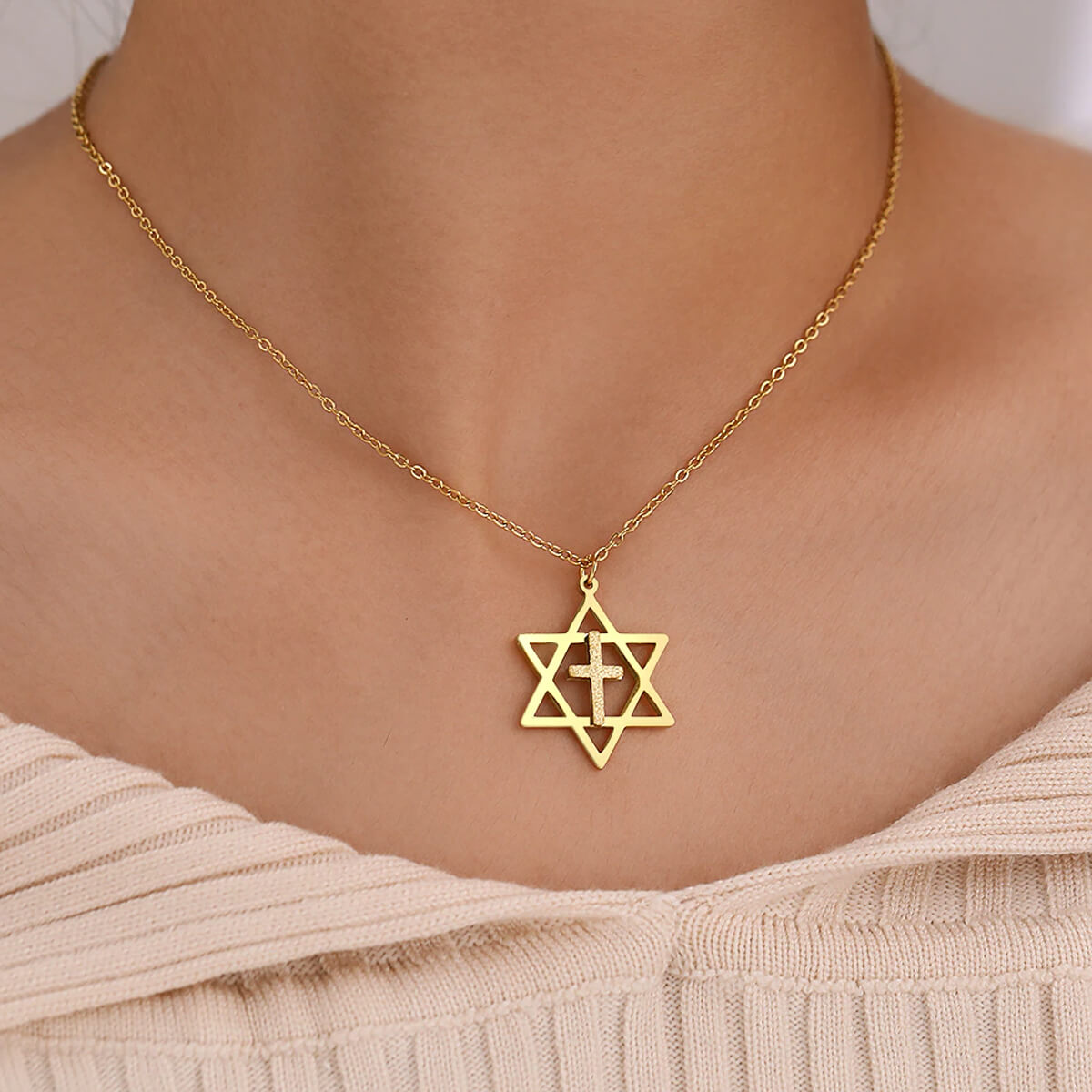 Star Of David With Cross Necklace Gold Stainless Steel Jewelry