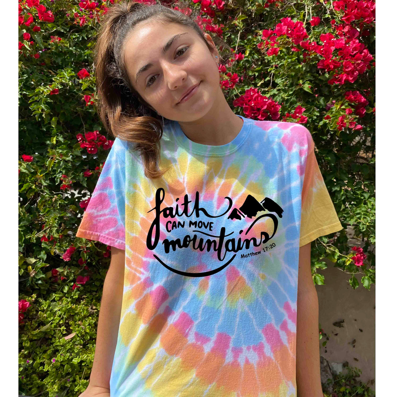 Faith Can Move Mountains Youth Tie Dyed Rainbow T Shirt