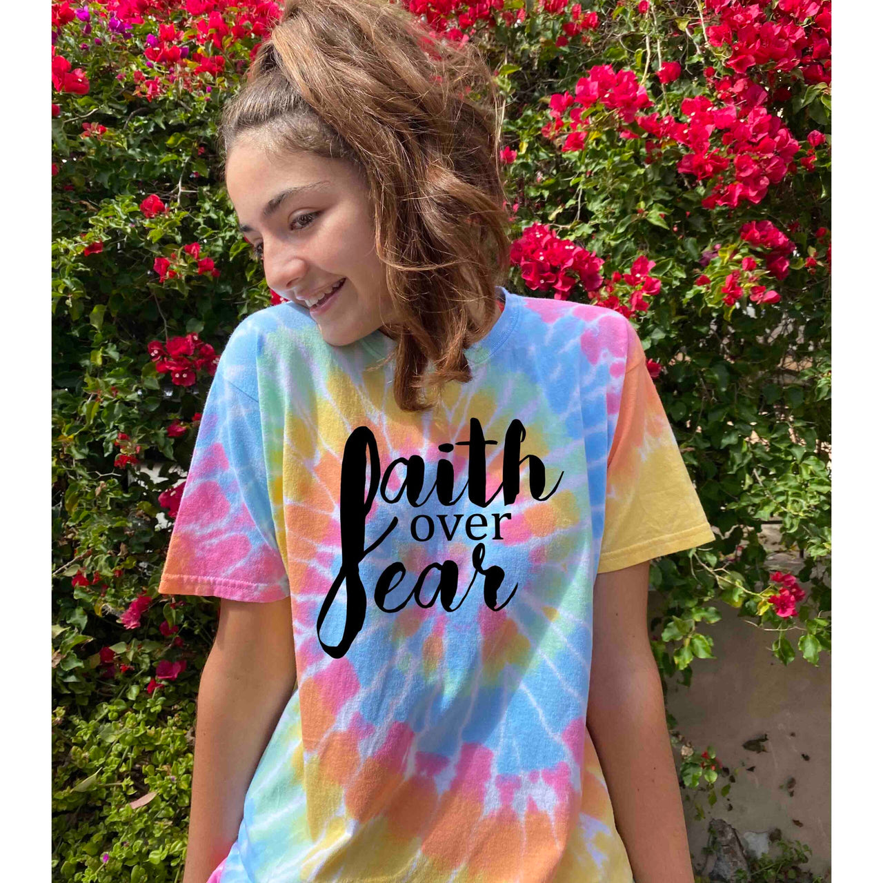 Faith Over Fear Youth Tie Dyed Rainbow T Shirt