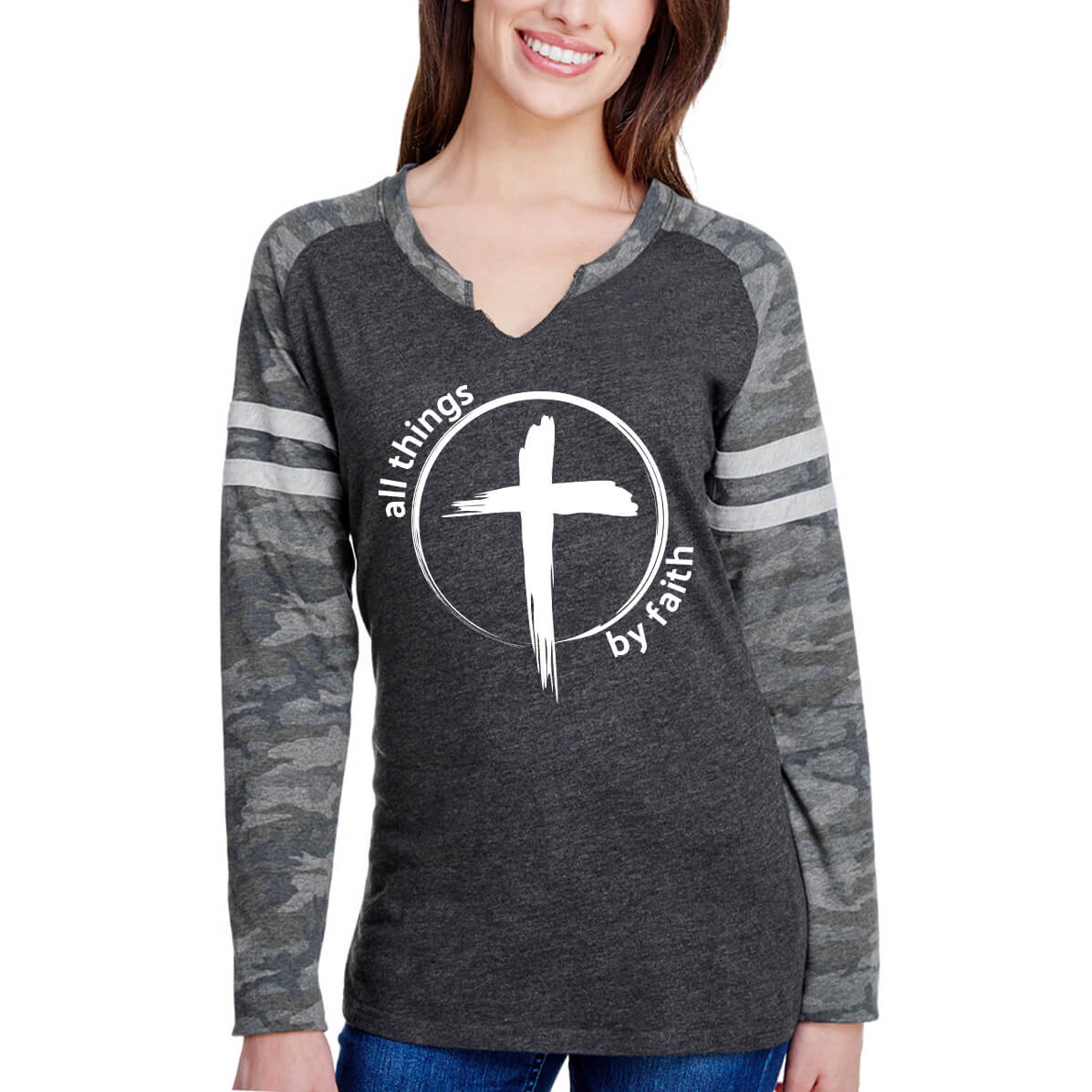 All Things By Faith Cross Women's V Neck Long Sleeve Baseball