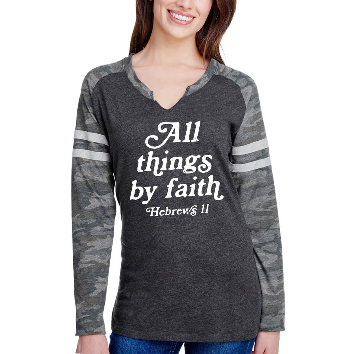 All Things By Faith Hebrews 11 Women's V Neck Long Sleeve Baseball