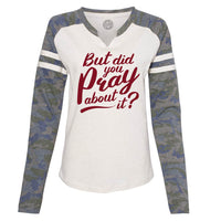 Thumbnail for But Did You Pray About It Women's V Neck Long Sleeve Baseball
