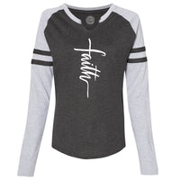 Thumbnail for Faith Cross Women's V Neck Long Sleeve Baseball