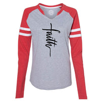 Thumbnail for Faith Cross Women's V Neck Long Sleeve Baseball