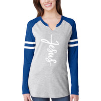 Thumbnail for Jesus Cross Women's V Neck Long Sleeve Baseball