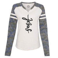 Thumbnail for Jesus Cross Women's V Neck Long Sleeve Baseball