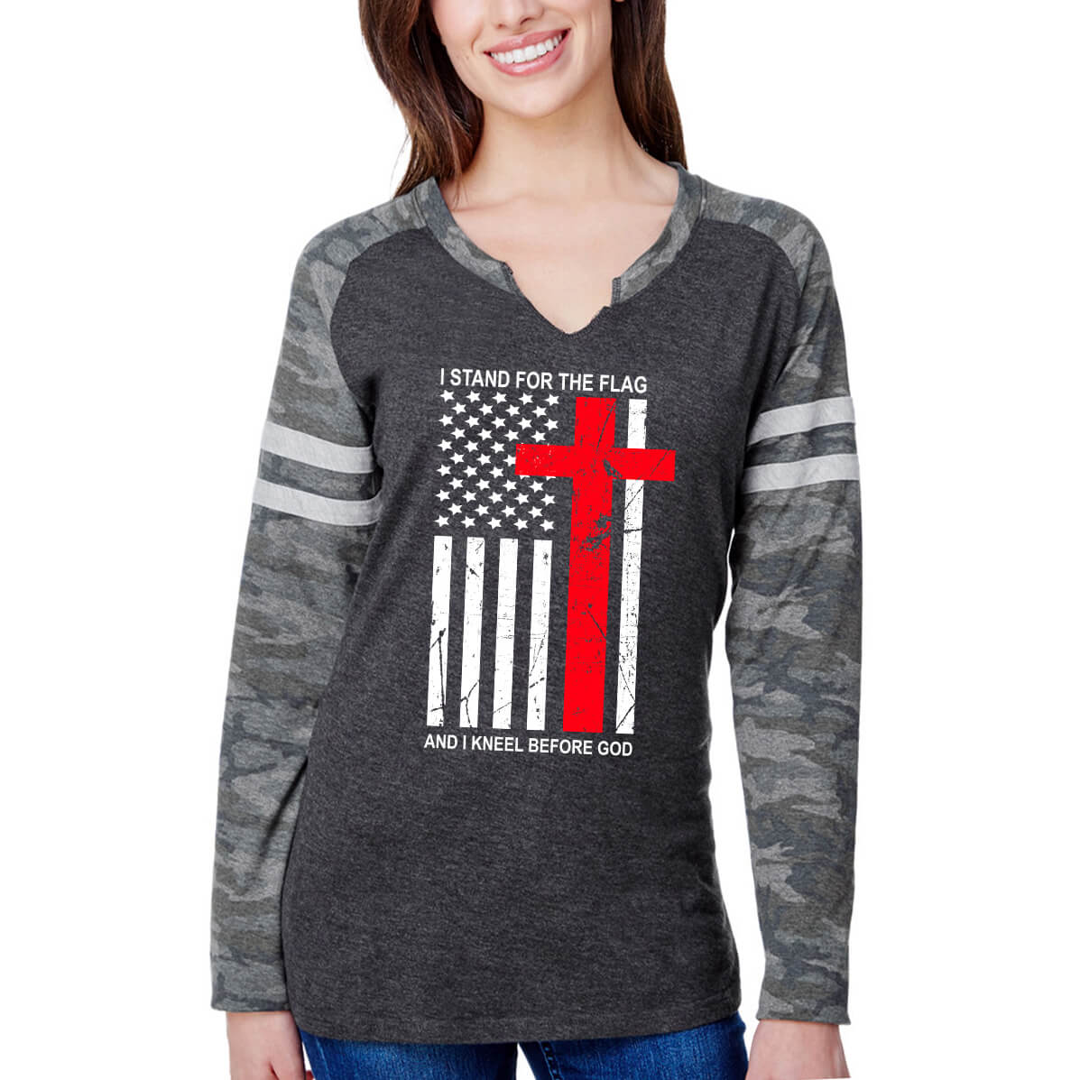 I Stand For The Flag And I Kneel Before God Women's V Neck Long Sleeve Baseball