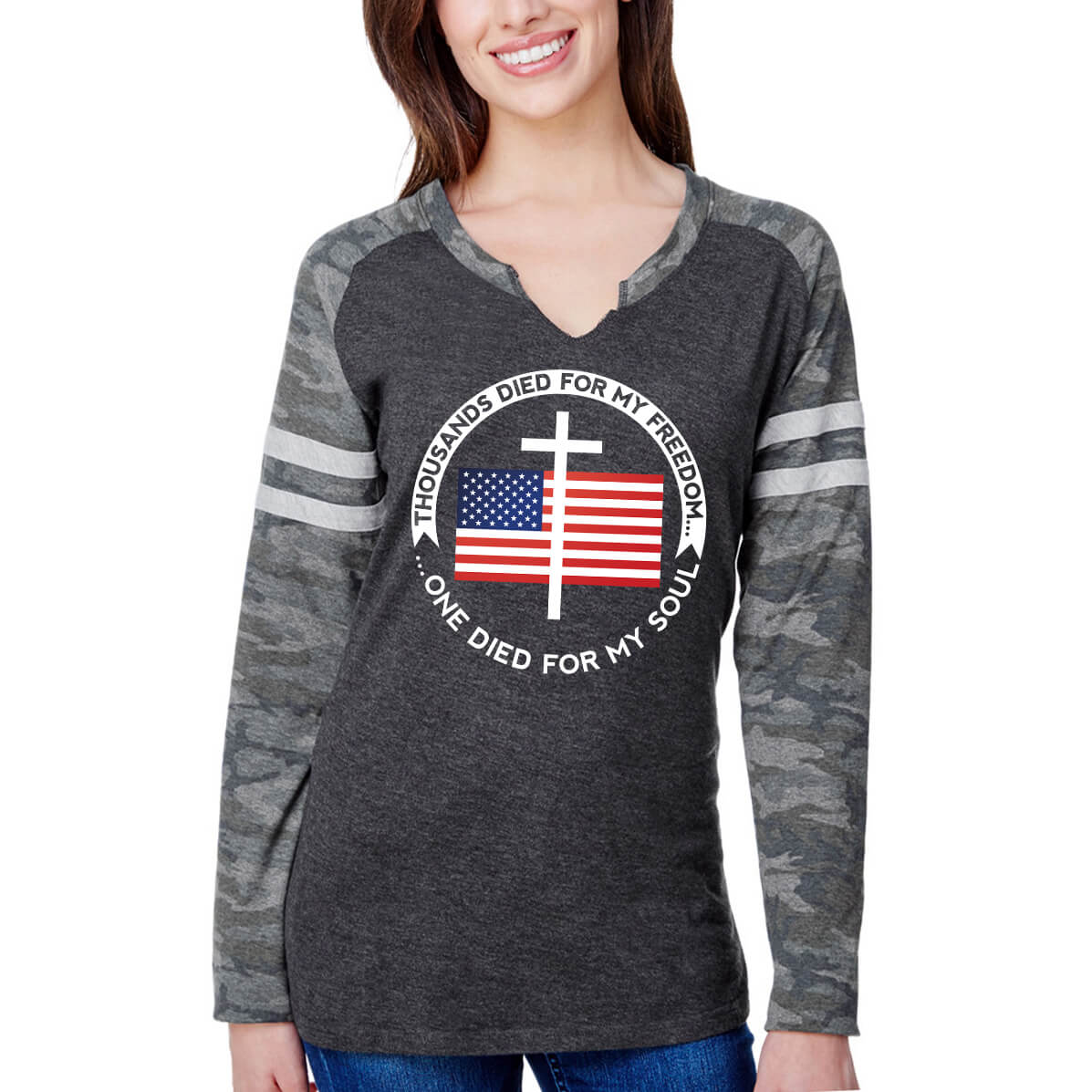 Thousands Died For My Freedom One Died For My Soul Women's V Neck Long Sleeve Baseball