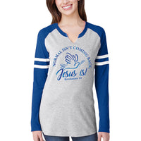 Thumbnail for Normal Isn't Coming Back Jesus Is Women's V Neck Long Sleeve Baseball