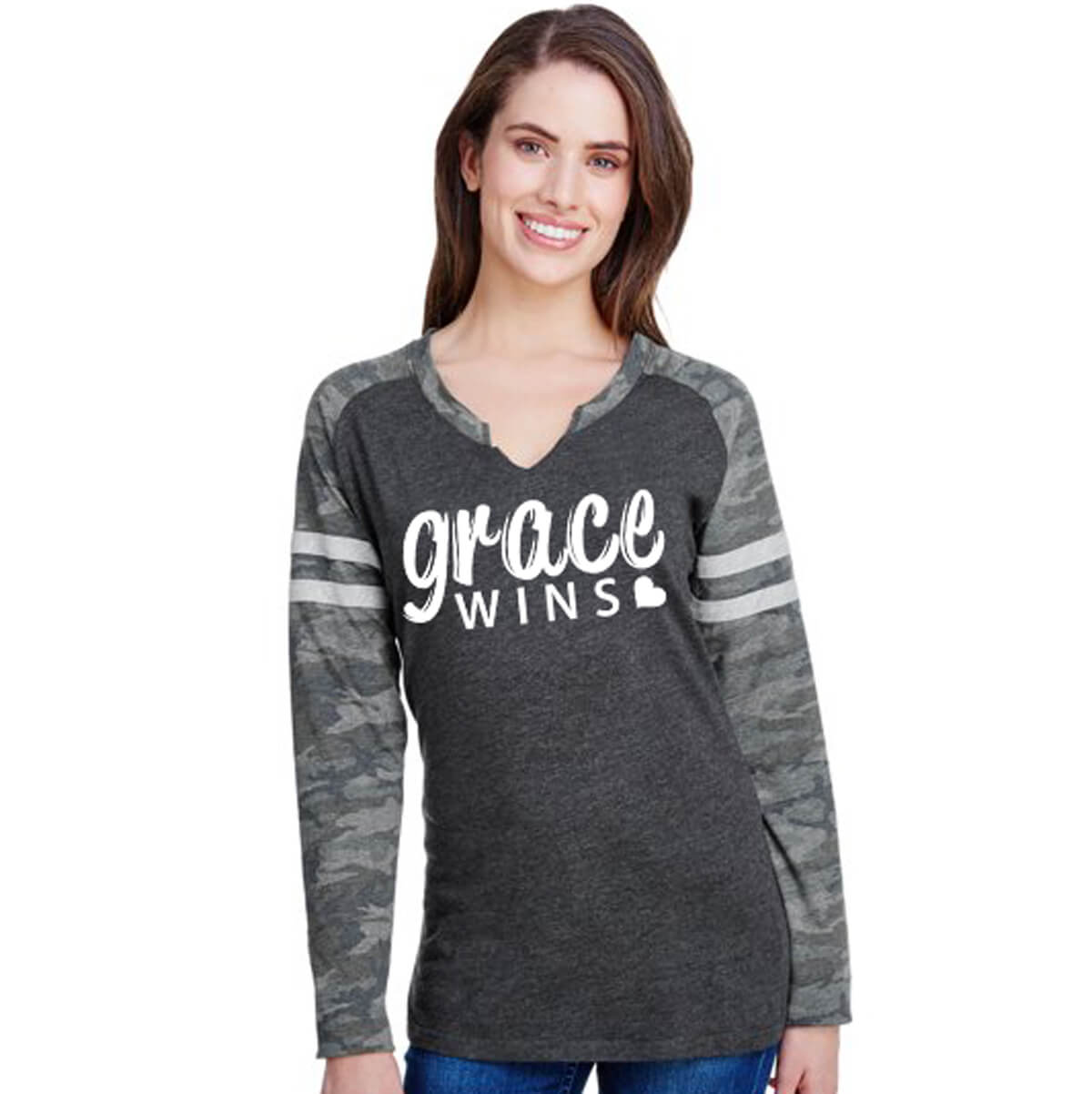 Grace Wins Women's V Neck Long Sleeve Baseball