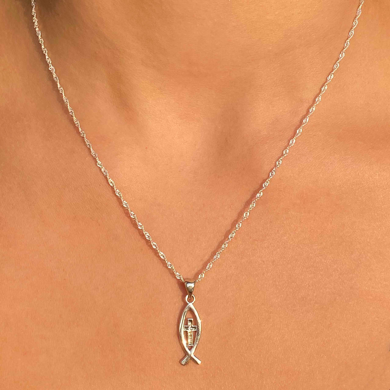Fish With Cross Necklace Sterling Silver Jewelry