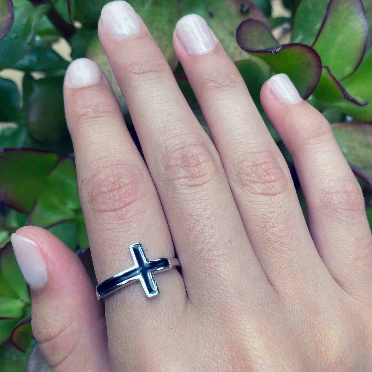 Sideways Cross Stone Ring Sterling Silver Jewelry