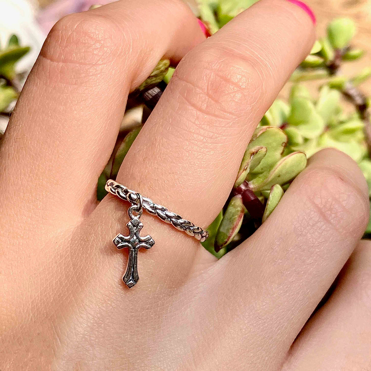 Rope Band With Dangling Vintage Cross Ring Sterling Silver Jewelry