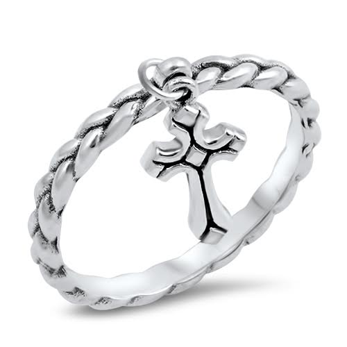 Rope Band With Dangling Vintage Cross Ring Sterling Silver Jewelry