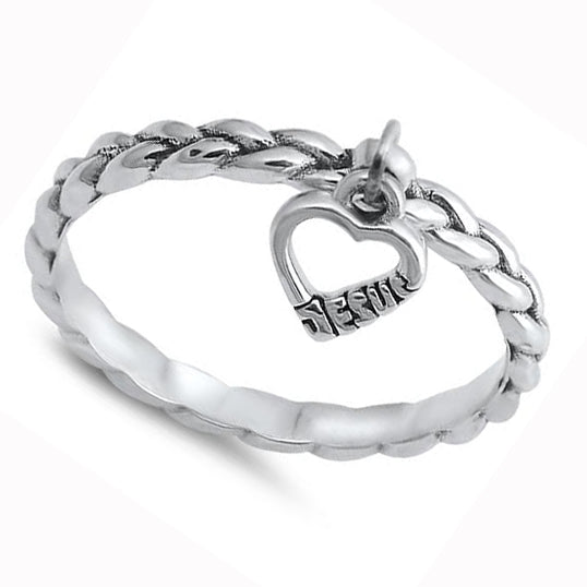 Rope Band With Dangling Heart Ring Sterling Silver Jewelry